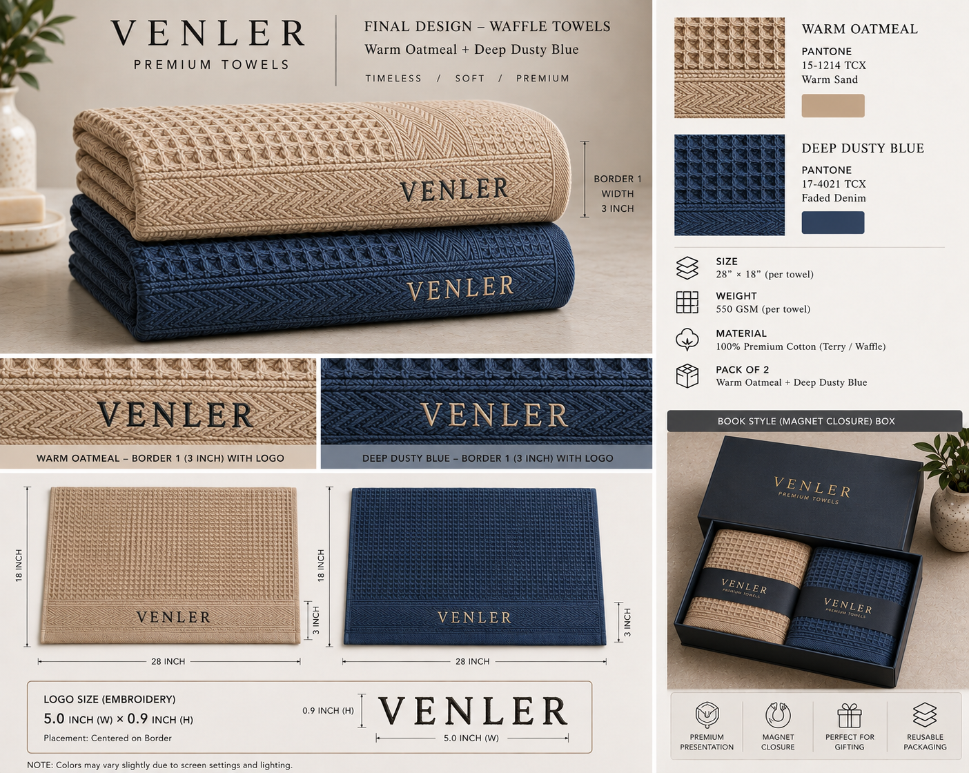 VENLER Warm Oatmeal and Deep Dusty Blue waffle towel collection